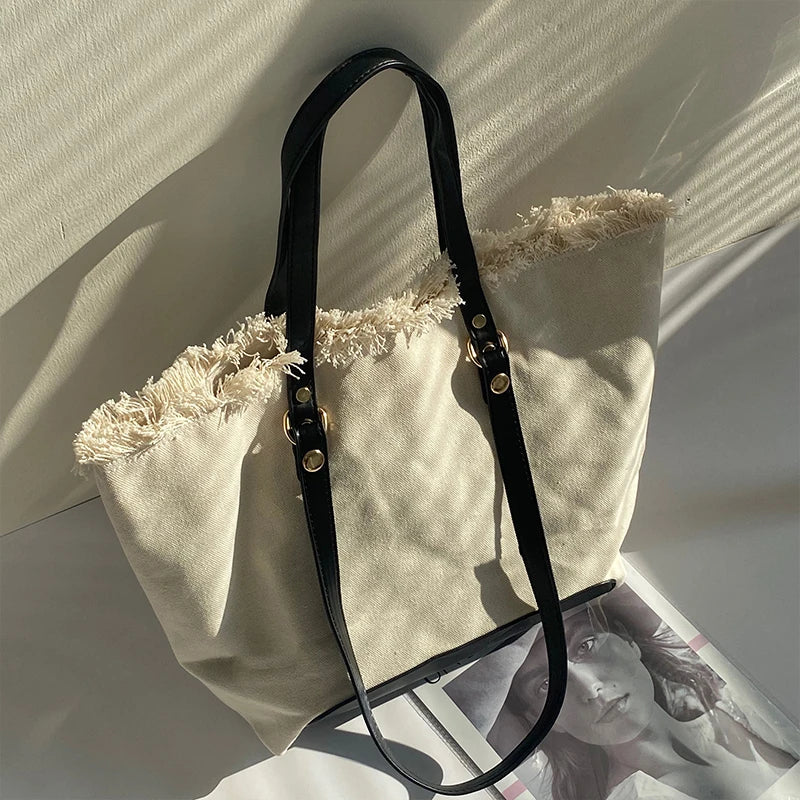 Canvas Fur-lined Shoulder Tote Bags Women Large Capacity Students Laptop
