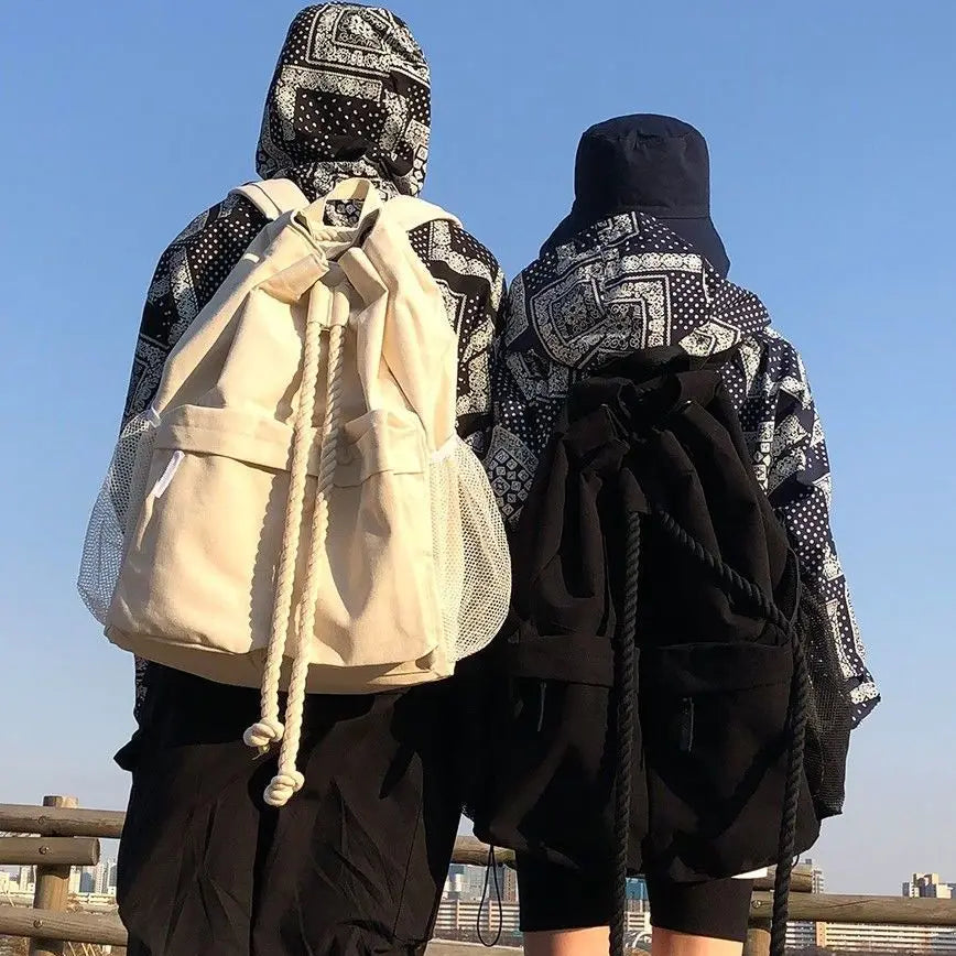 Canvas Large Capacity Backpacks Solid Couples Drawstring Casual