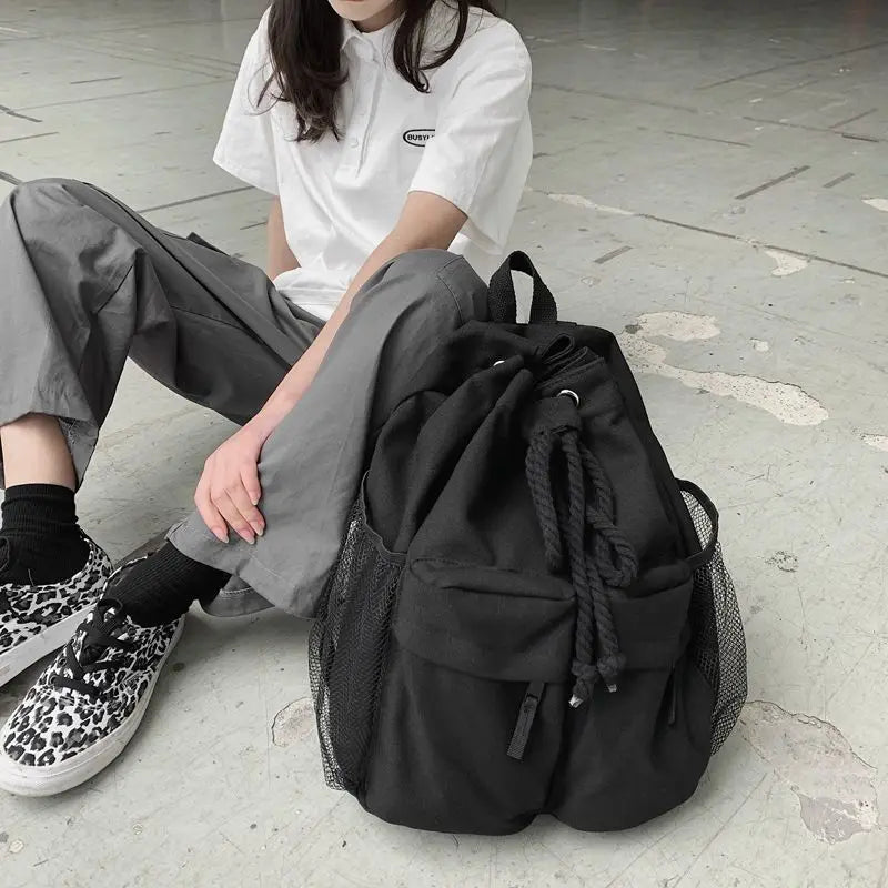 Canvas Large Capacity Backpacks Solid Couples Drawstring Casual