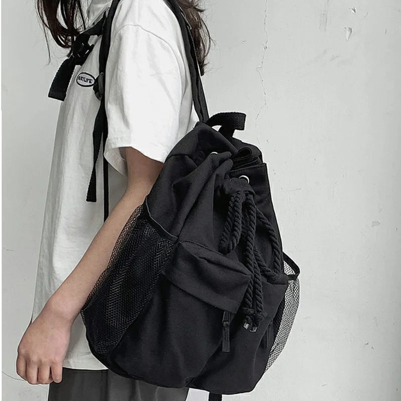 Canvas Large Capacity Backpacks Solid Couples Drawstring Casual