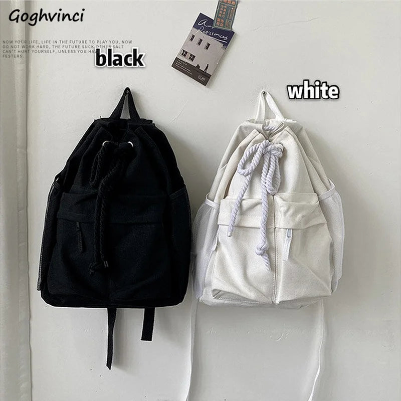 Canvas Large Capacity Backpacks Solid Couples Drawstring Casual