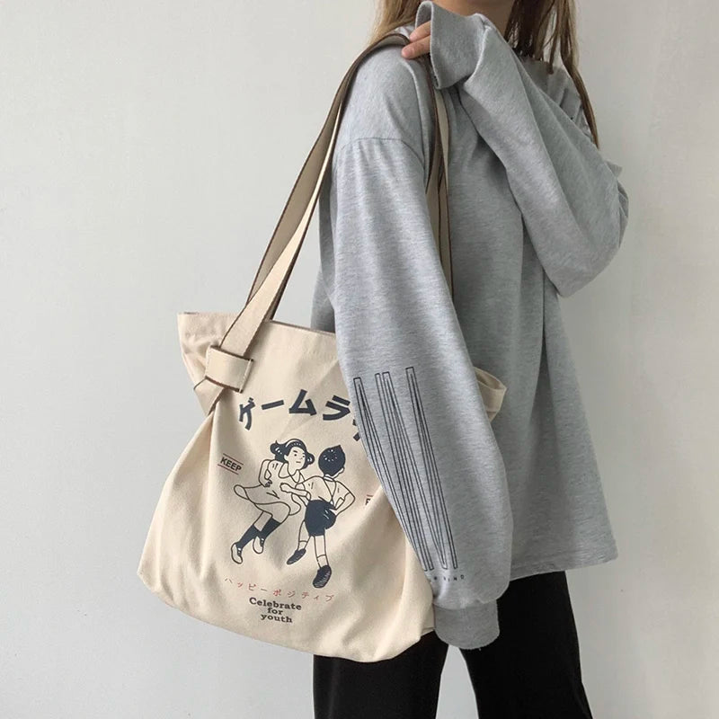 Japanese Style Retro Cartoon Anime Print Canvas Tote Bag Women Shopper Bag