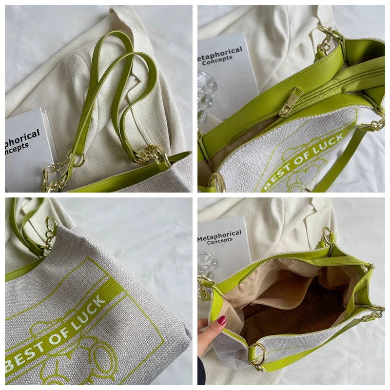 Canvas Tote Bag with Zipper Large Capacity Handbag Purse Chain