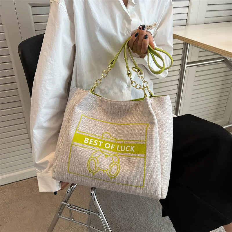 Canvas Tote Bag with Zipper Large Capacity Handbag Purse Chain
