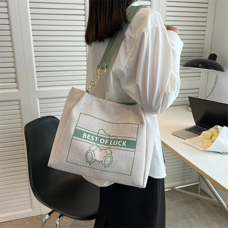 Canvas Tote Bag with Zipper Large Capacity Handbag Purse Chain