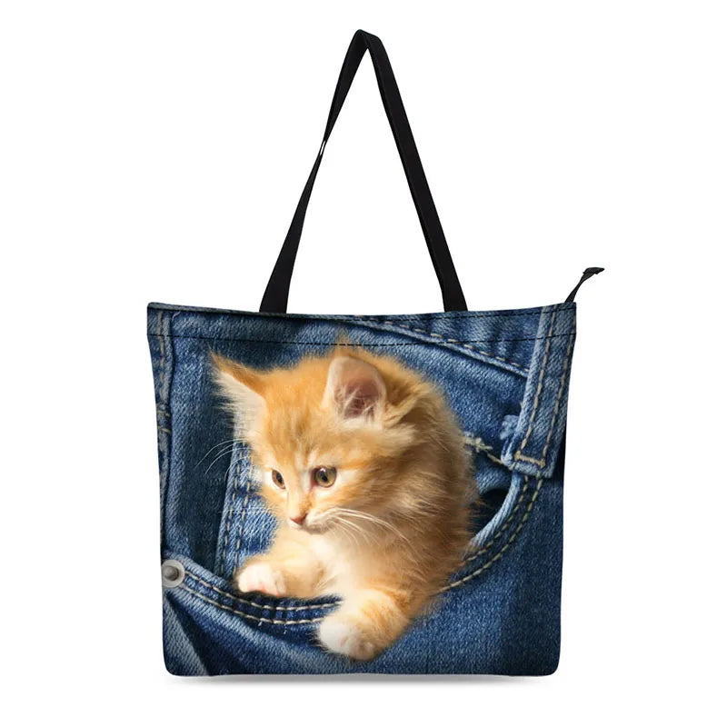 Cat Print Canvas Tote Bag for Women
