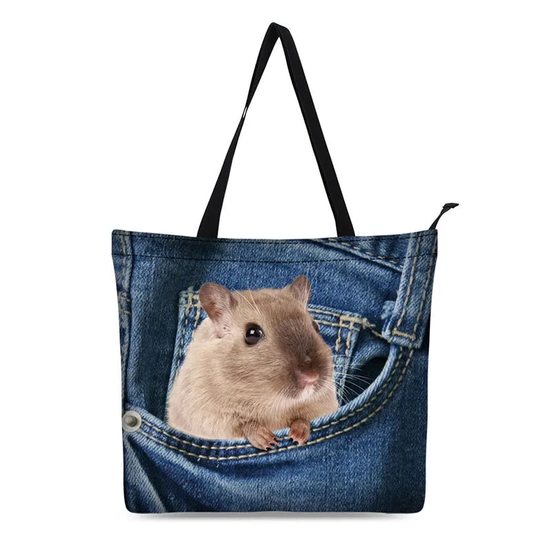 Cat Print Canvas Tote Bag for Women