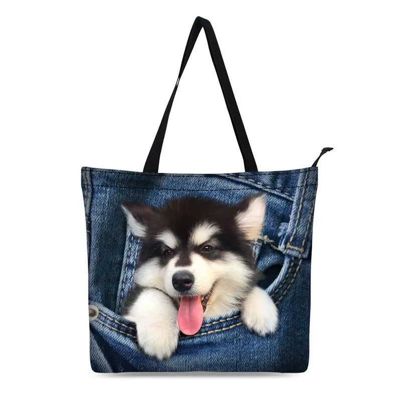 Cat Print Canvas Tote Bag for Women