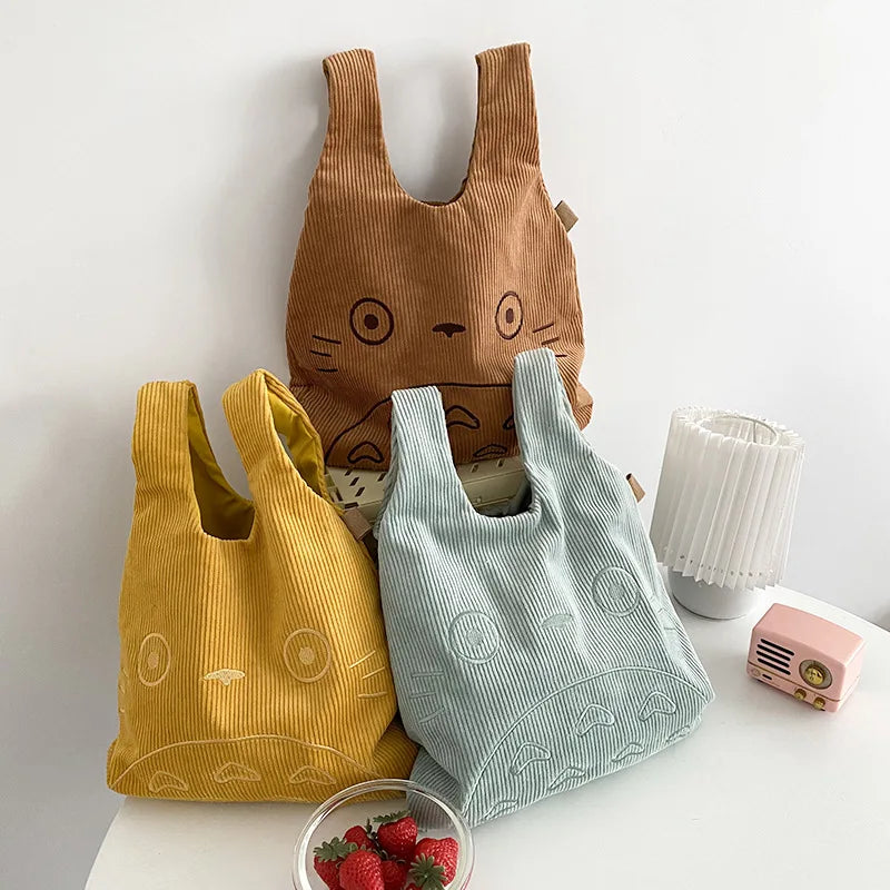 Cartoon Print Corduroy Tote Bag for Women