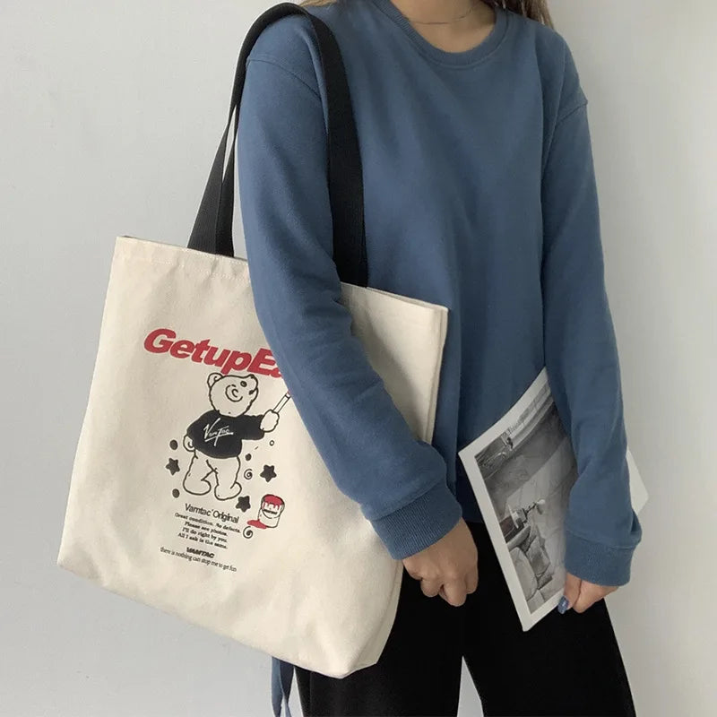 Cartoon Girl Tote Bag Cotton Cloth Shoulder Book Eco Shopping Handbag