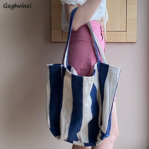 Casual Striped Canvas Tote Large Capacity Women Shoulder Bag