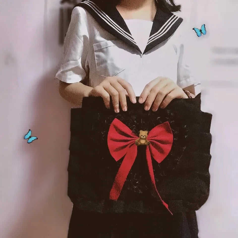 Canvas Women Bag Lady Niche Girl Bow Crossbody Shoulder Bag Lolita Handbag