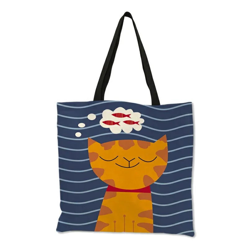 Cat Print Tote Bag Folding Reusable Shopping Handbag