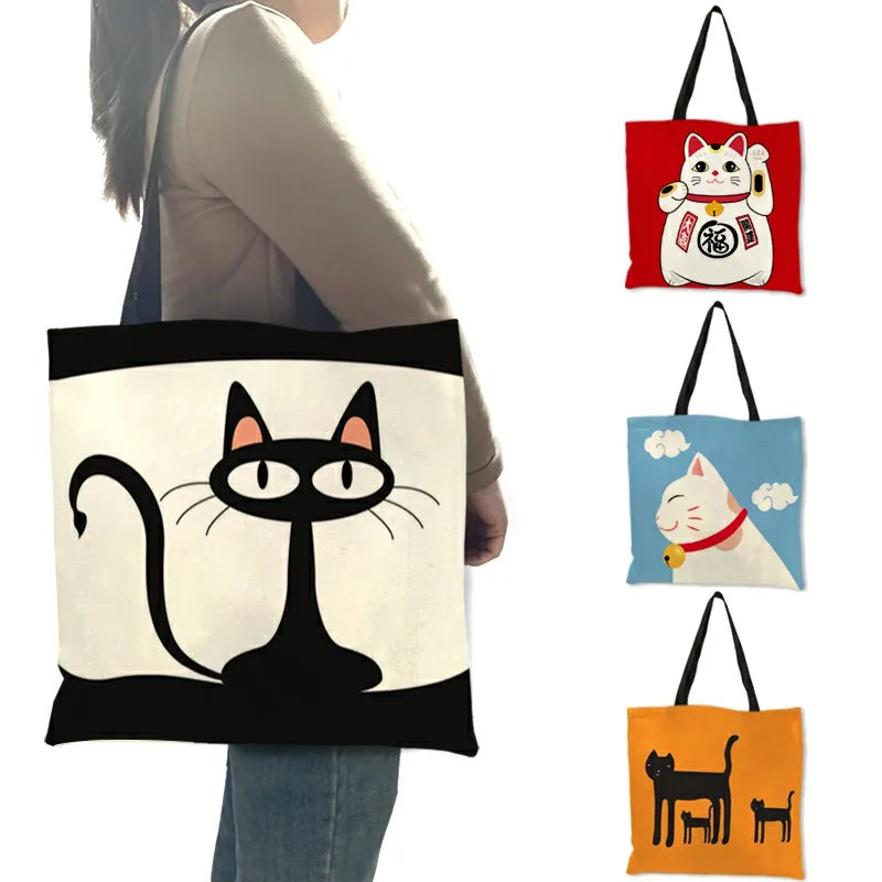Cat Print Tote Bag Folding Reusable Shopping Handbag