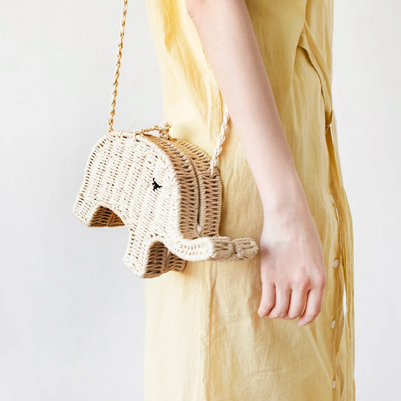 Cartoon Elephant Shape Straw Bag Handbag Women's Shoulder Messenger Beach Mini C