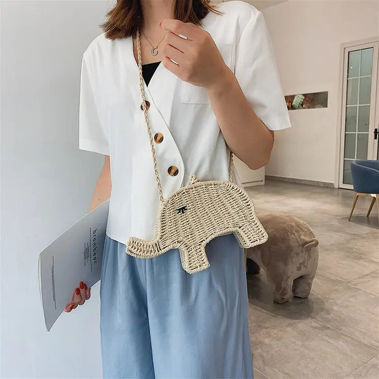 Cartoon Elephant Shape Straw Bag Handbag Women's Shoulder Messenger Beach Mini C