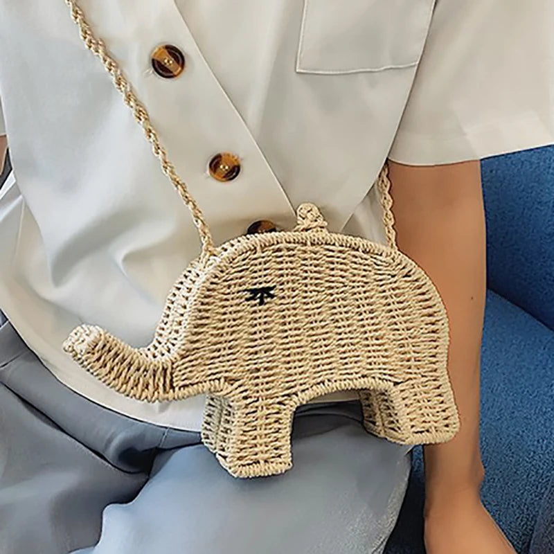 Cartoon Elephant Shape Straw Bag Handbag Women's Shoulder Messenger Beach Mini C