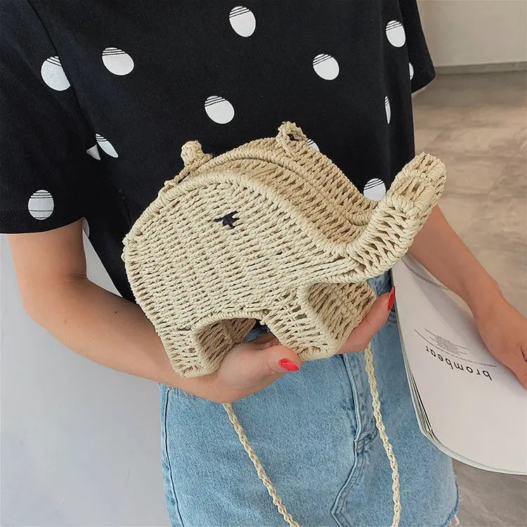 Cartoon Elephant Shape Straw Bag Handbag Women's Shoulder Messenger Beach Mini C