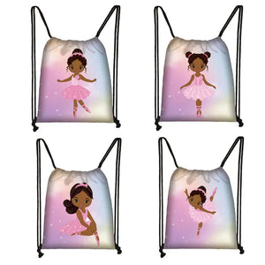 Cartoon Ballet Dancer Drawstring Bag Afro Girls Storage Bag Lady Backpack