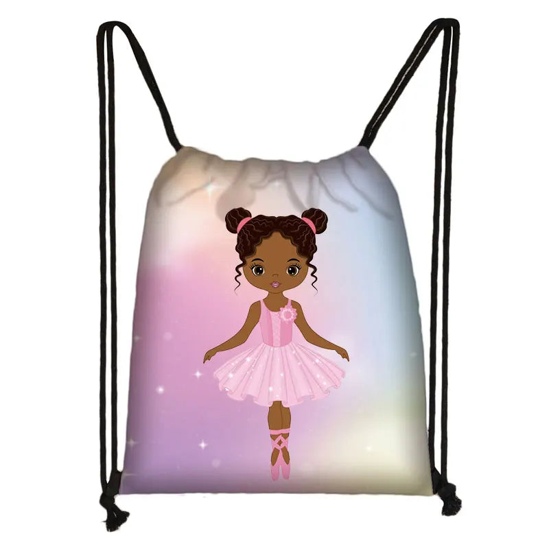 Cartoon Ballet Dancer Drawstring Bag Afro Girls Storage Bag Lady Backpack