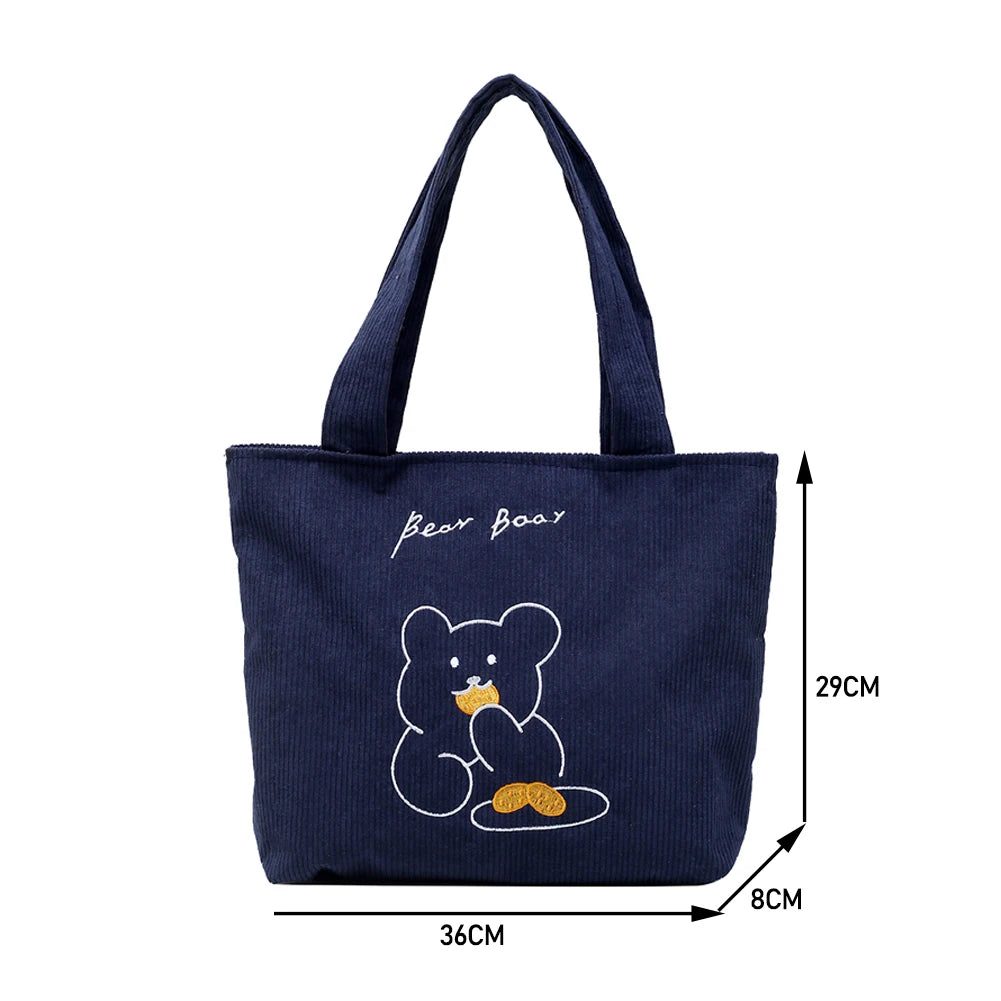 Bear Pattern Shoulder Bag Corduroy Satchel Travel Large Capacity