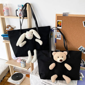 Cartoon Bear Rabbit Canvas Women Shoulder Tote Bag