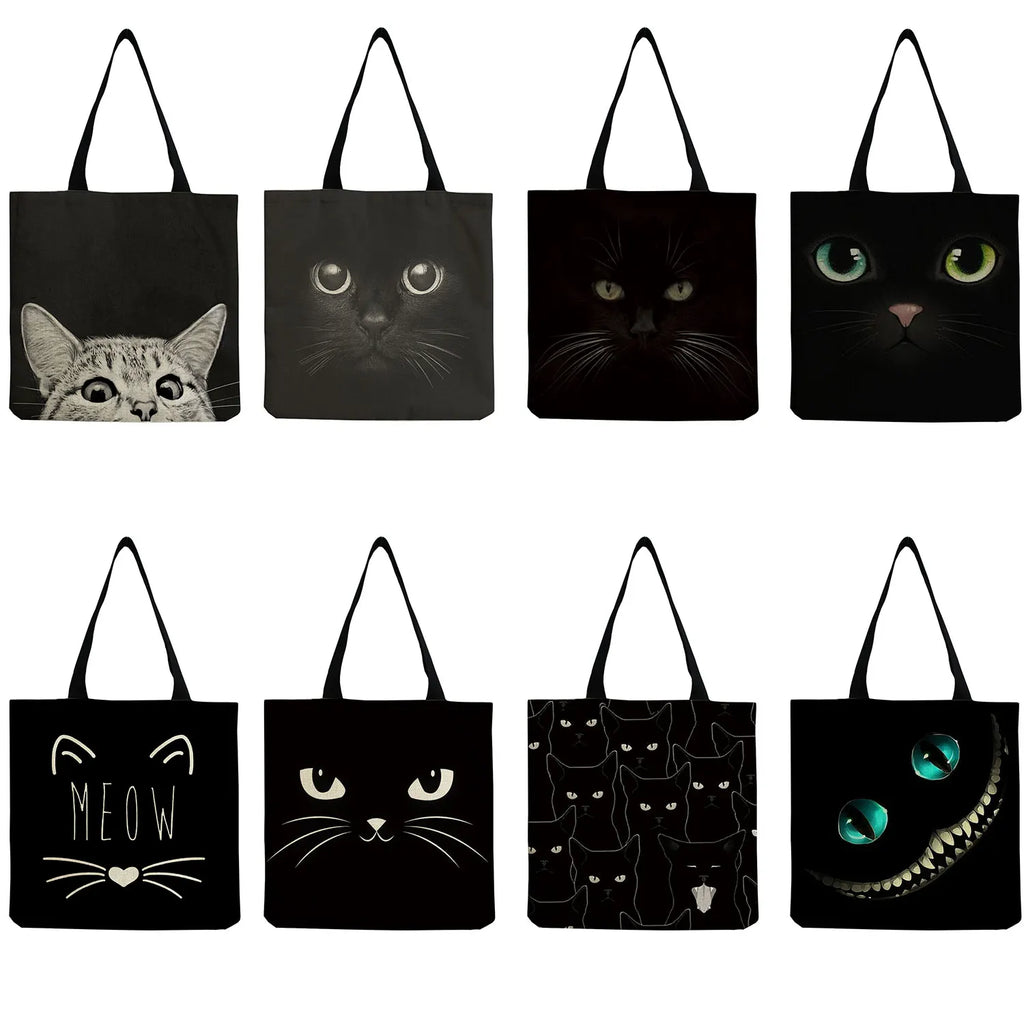 Cartoon Cat Printed Women's Shoulder Bags Eco Reusable High Capacity Tote Bag