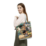 Cartoon Cat Printed Tote Handbag, Eco-friendly Shoulder Bag