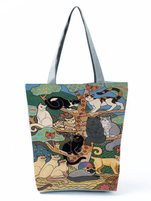 Cartoon Cat Printed Tote Handbag, Eco-friendly Shoulder Bag