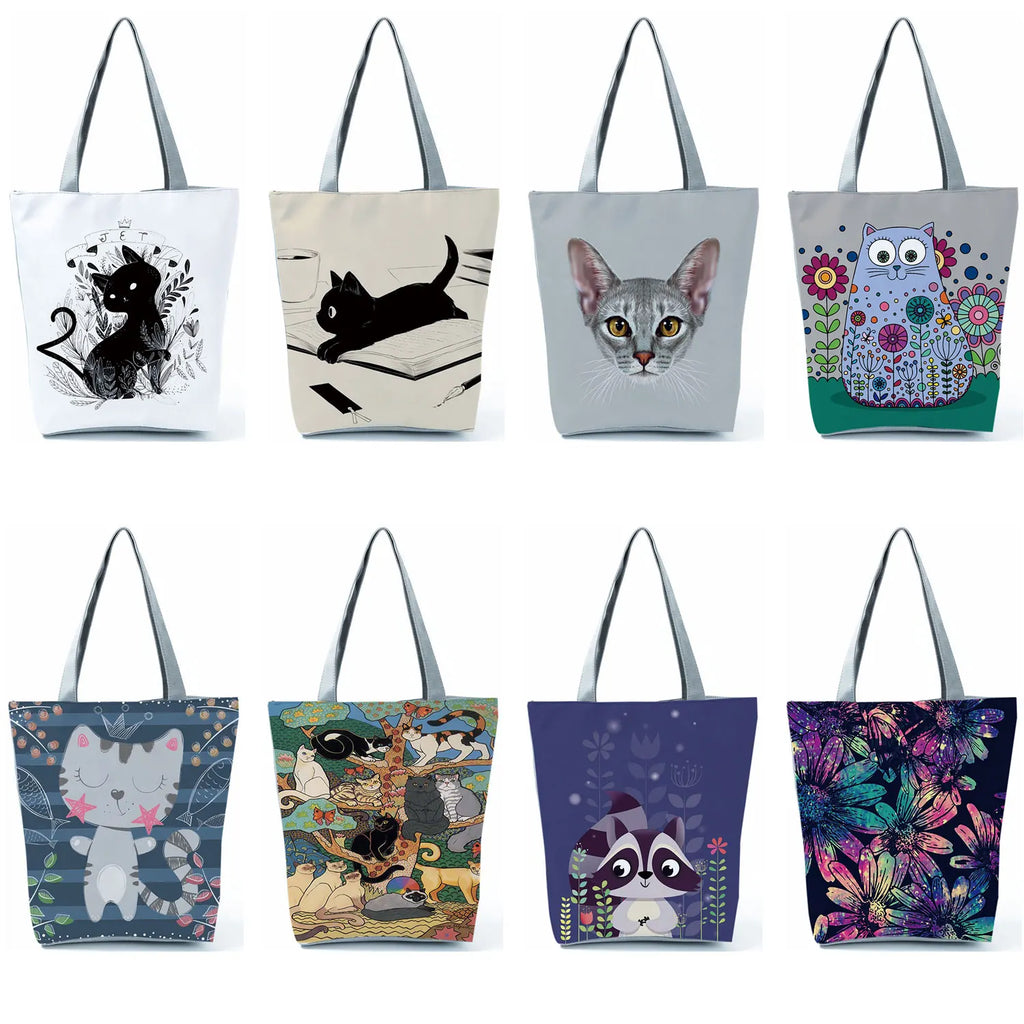 Cartoon Cat Printed Tote Handbag, Eco-friendly Shoulder Bag