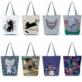 Cartoon Cat Printed Tote Handbag, Eco-friendly Shoulder Bag