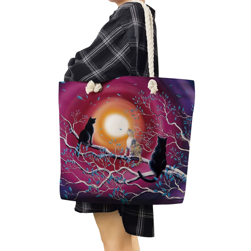 Cartoon Cat Printed Tote Shoulder Bag for Women