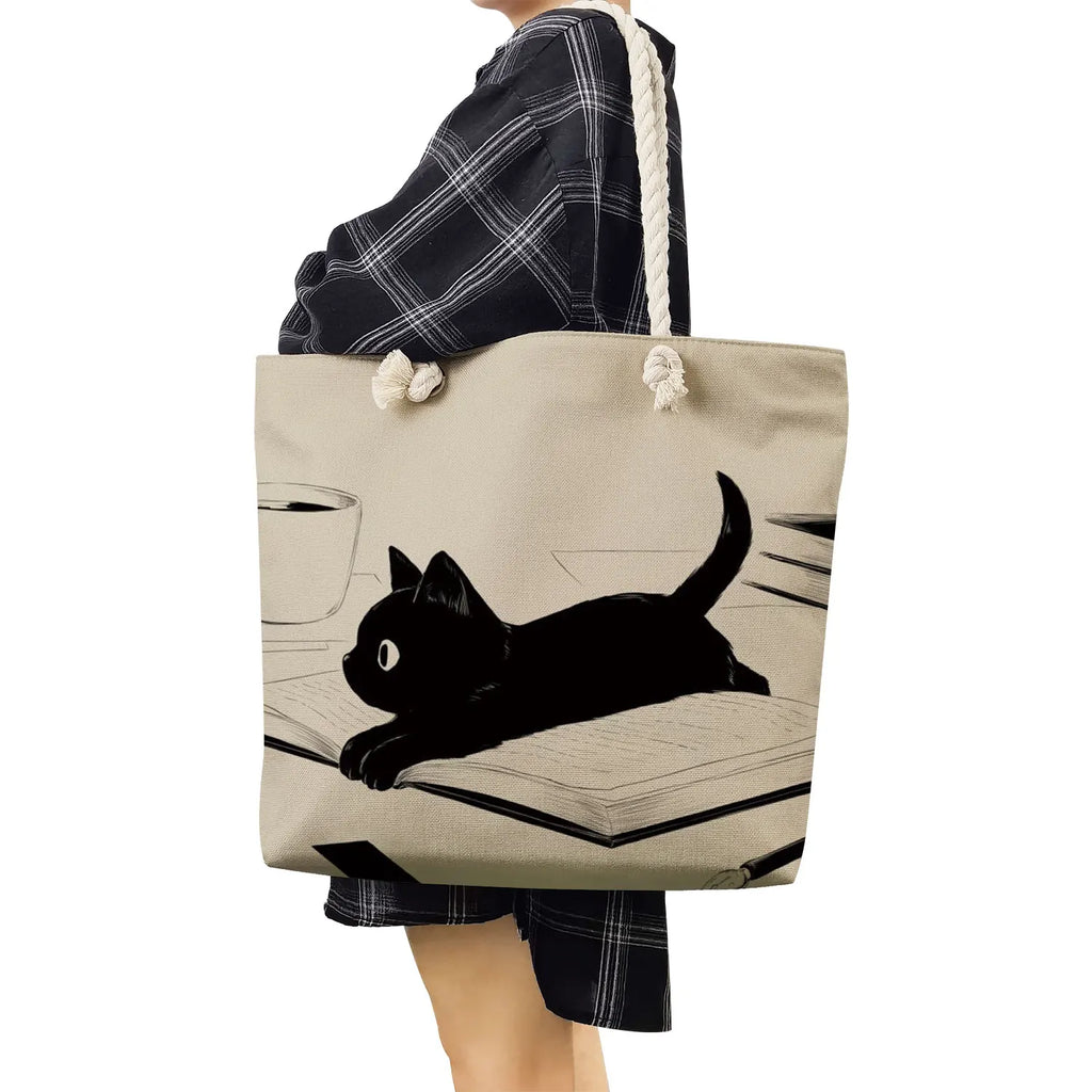 Cartoon Cat Printed Tote Shoulder Bag for Women