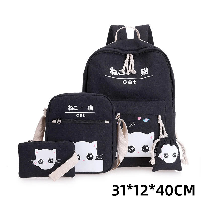 Cartoon Cat Canvas School Backpack Set for Girls