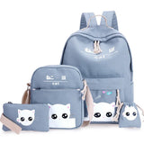 Cartoon Cat Canvas School Backpack Set for Girls