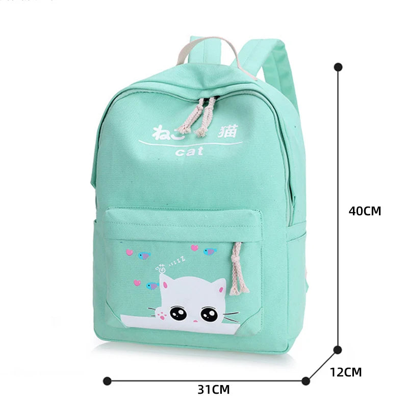 Cartoon Cat Canvas School Backpack Set for Girls