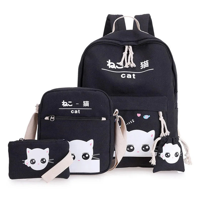 Cartoon Cat Canvas School Backpack Set for Girls