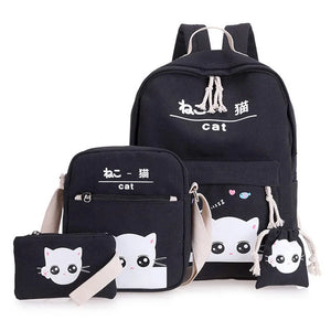 Cartoon Cat Canvas School Backpack Set for Girls