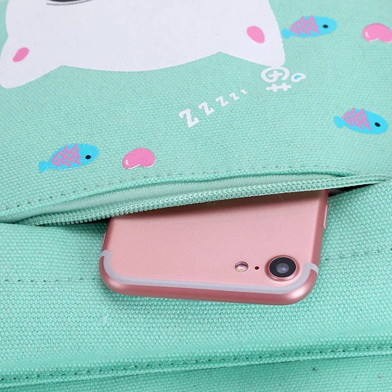 Cartoon Cat Canvas School Backpack Set for Girls