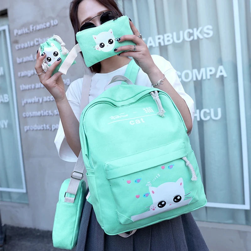 Cartoon Cat Canvas School Backpack Set for Girls