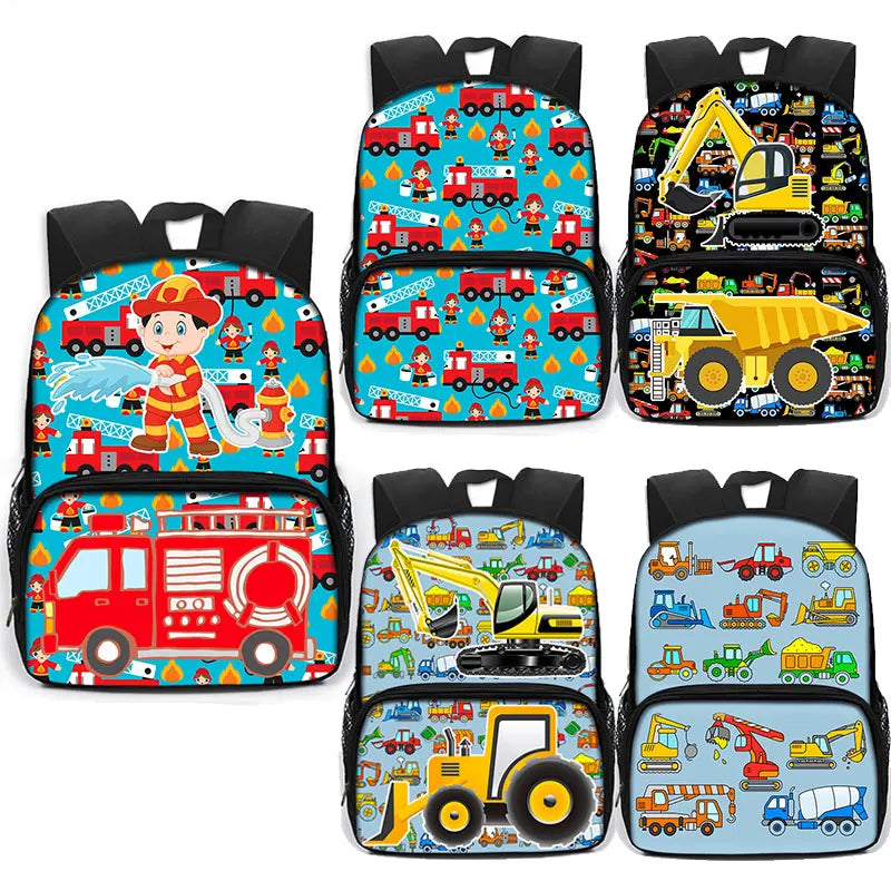 Cartoon Fireman Excavator Firetruck Backpack for School