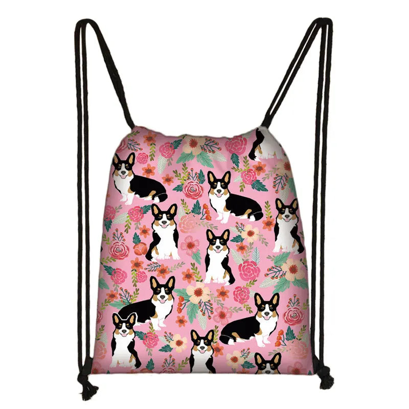 Cartoon Flowers Cats Dogs Drawstring Bag Learning Backpack