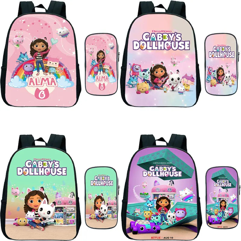 Gabbys Dollhouse Backpack 2Pcs/Set Kids School Bag Pen Bag Boys Girls Bookbag