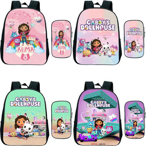Gabbys Dollhouse Backpack 2Pcs/Set Kids School Bag Pen Bag Boys Girls Bookbag