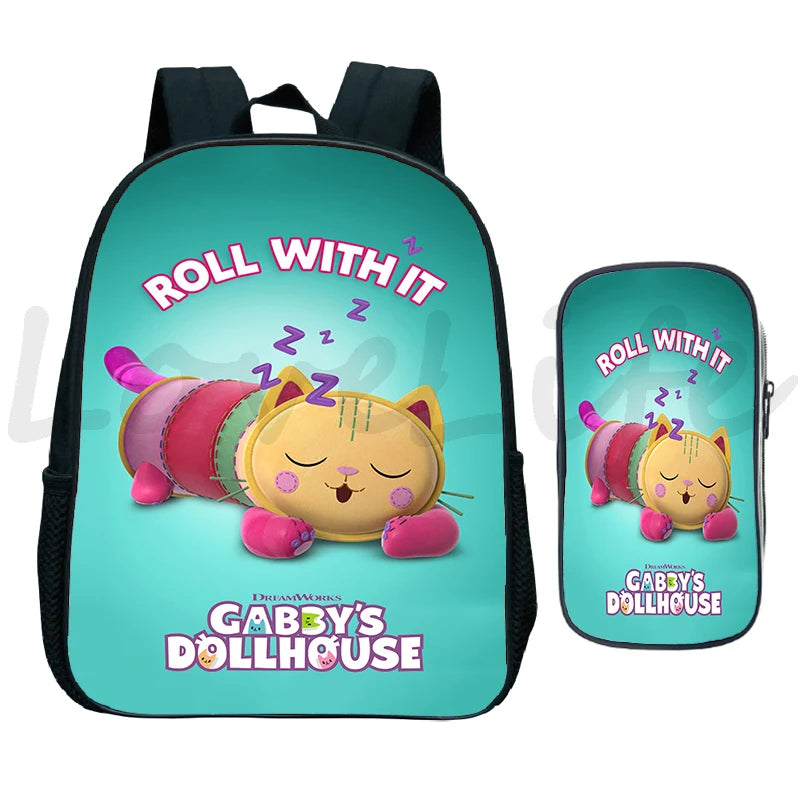 Gabbys Dollhouse Backpack 2Pcs/Set Kids School Bag Pen Bag Boys Girls Bookbag