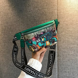 Cartoon Graffiti PU Leather Waist Bag for Women Hip Hop Fanny Pack
