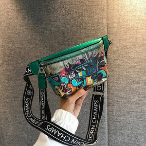 Cartoon Graffiti PU Leather Waist Bag for Women Hip Hop Fanny Pack
