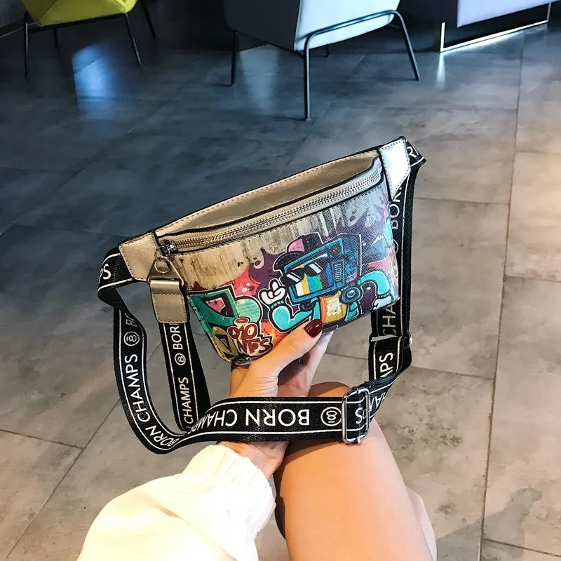 Cartoon Graffiti PU Leather Waist Bag for Women Hip Hop Fanny Pack