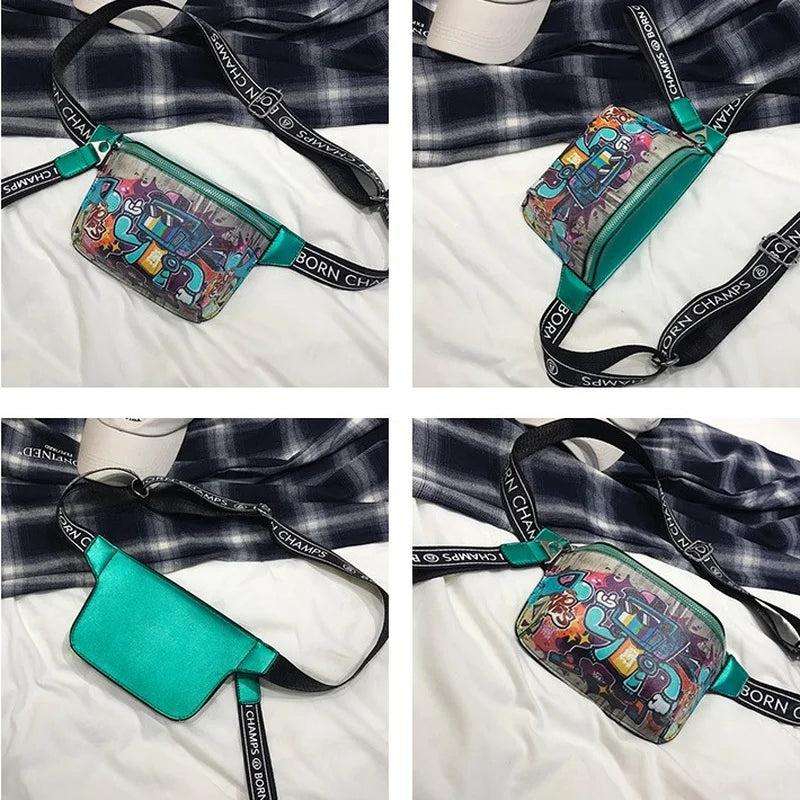 Cartoon Graffiti PU Leather Waist Bag for Women Hip Hop Fanny Pack