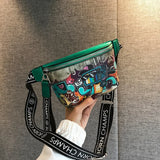 Cartoon Graffiti PU Leather Waist Bag for Women Hip Hop Fanny Pack